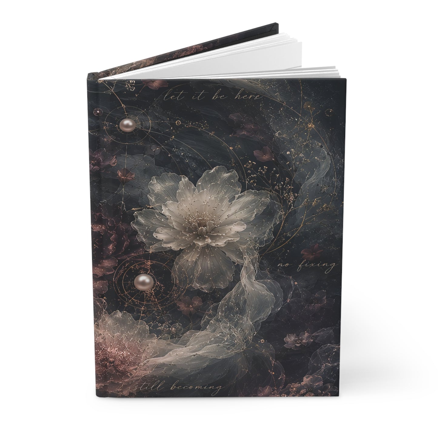 Hardcover Journal — Moody Floral Matte Notebook with Pearls & Script